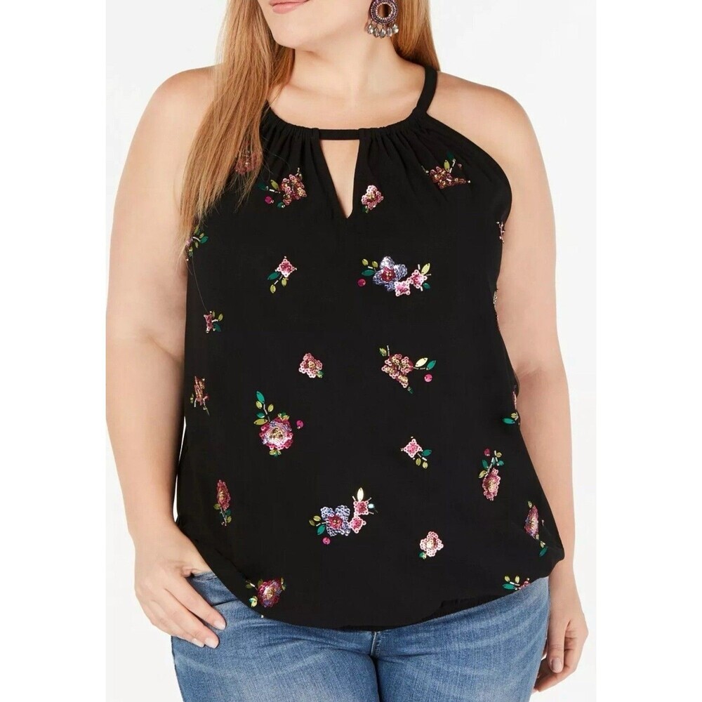 INC International Concepts Women's Embellished Bubble Hem Halter Top Black PXL